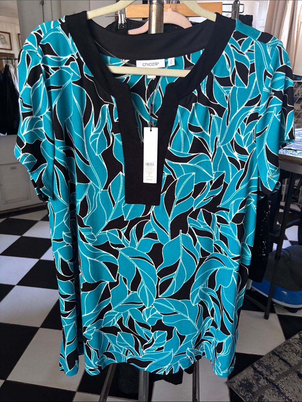 Chicos Travelers Sz 3 (XL) Short Sl Kurta Dancing Leaves Peacock Blue NWT